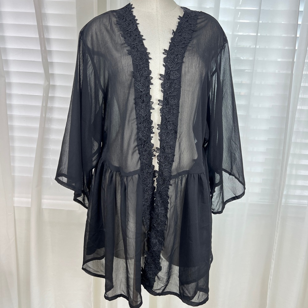 Cotton Candy Black Sheer Lace Trim Open Front Kimono Cardigan Large‎ whimsigoth